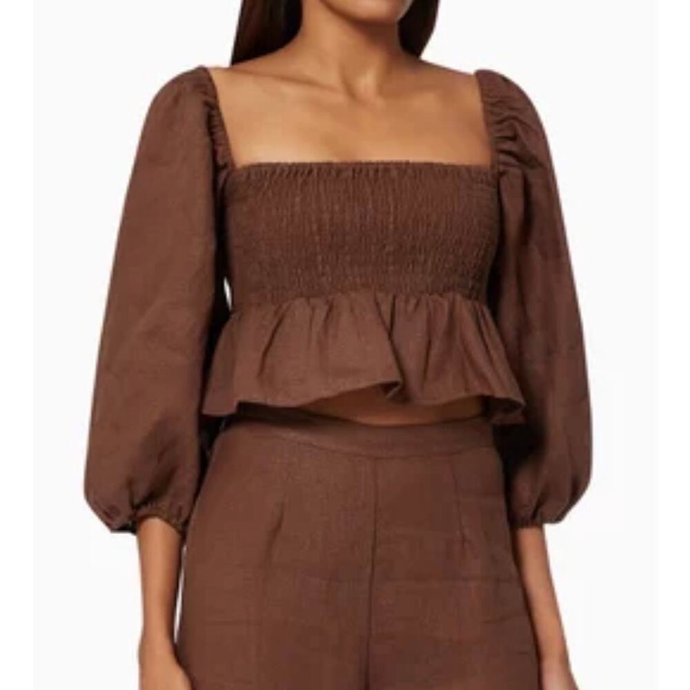 FAITHFUL THE BRAND Vivica Top in Plain Cocoa, 100% Linen, Sz. L
